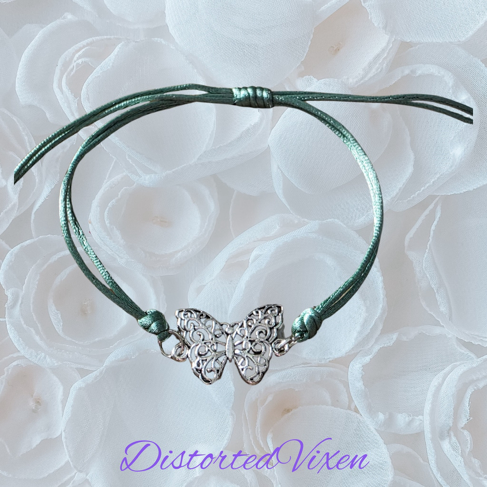Silver Filigree Butterfly Bracelet - Sage Green Silk Cord - Ethereal Whimsigoth